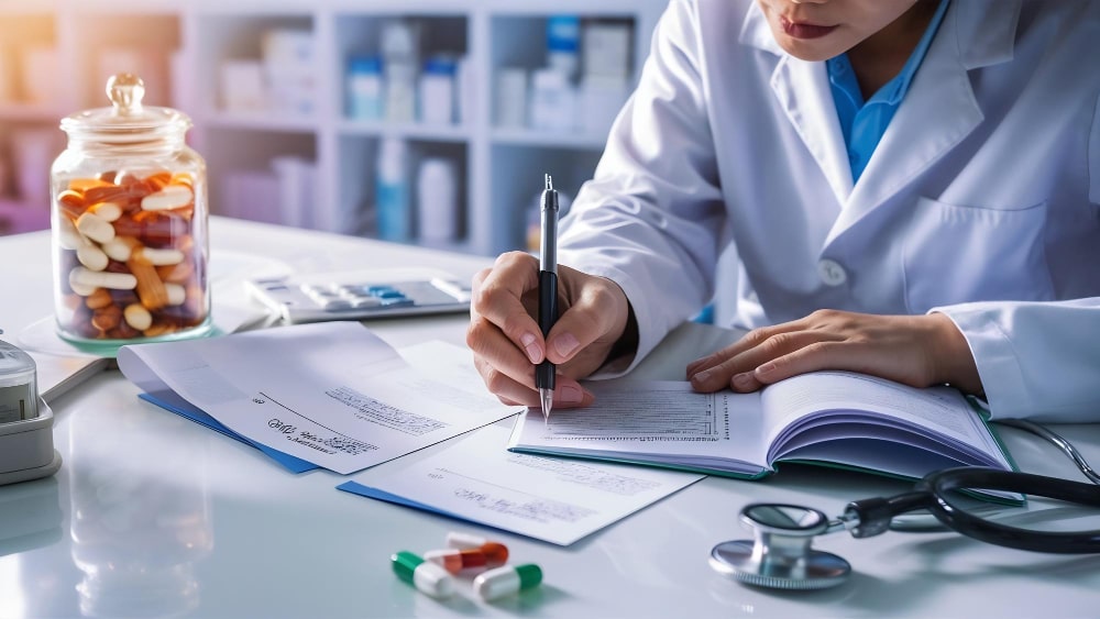 Une personne en blouse médicale remplissant des documents avec des médicaments et un stéthoscope, évoquant les études de santé et la nécessité d'une prépa médecine à Besançon